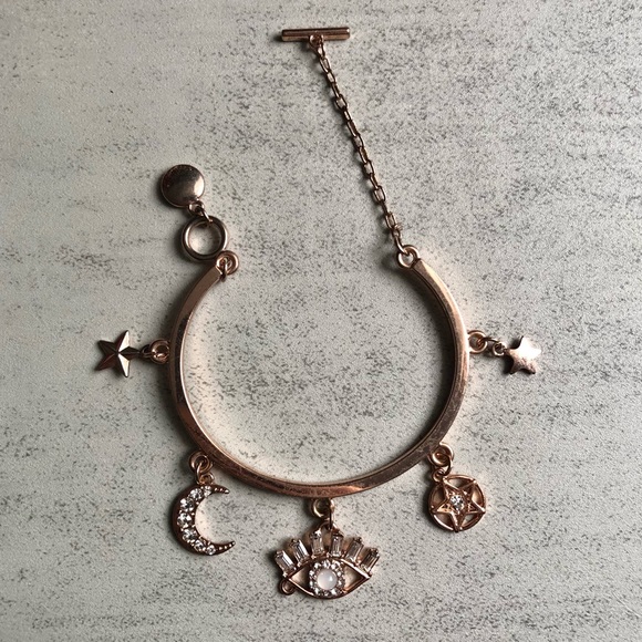 Rose Gold Evil Eye Star Moon Charm Bangle Bracelet - Picture 2 of 6